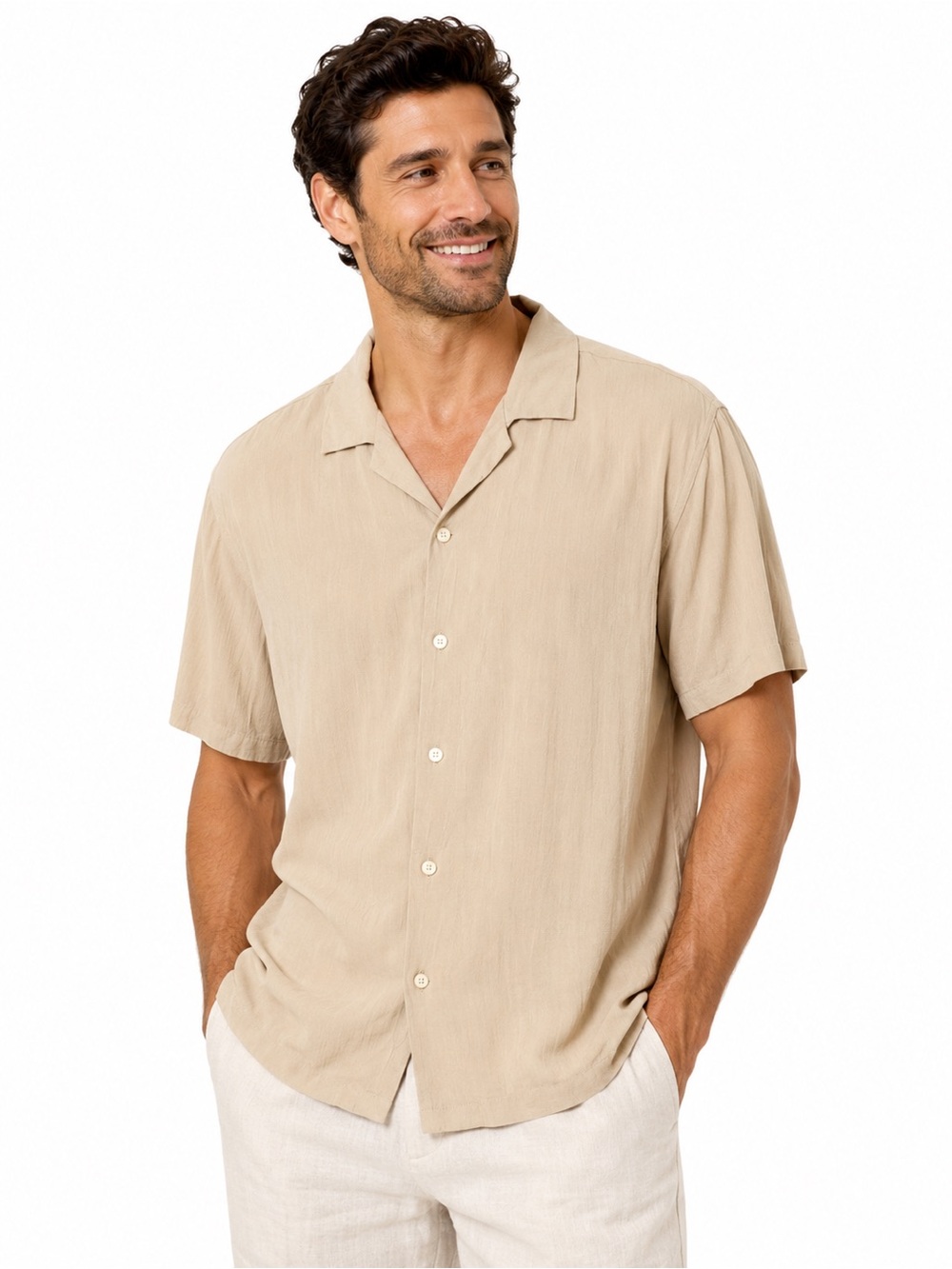 Cactus Man Beige Resort‎ Shirt Viscose Blend Camp Collar Button Up minimalist L